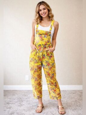 Kimchi Blue Urban Outfitters Sheer Floral Bib Overalls Yellow Wide Leg Sz M